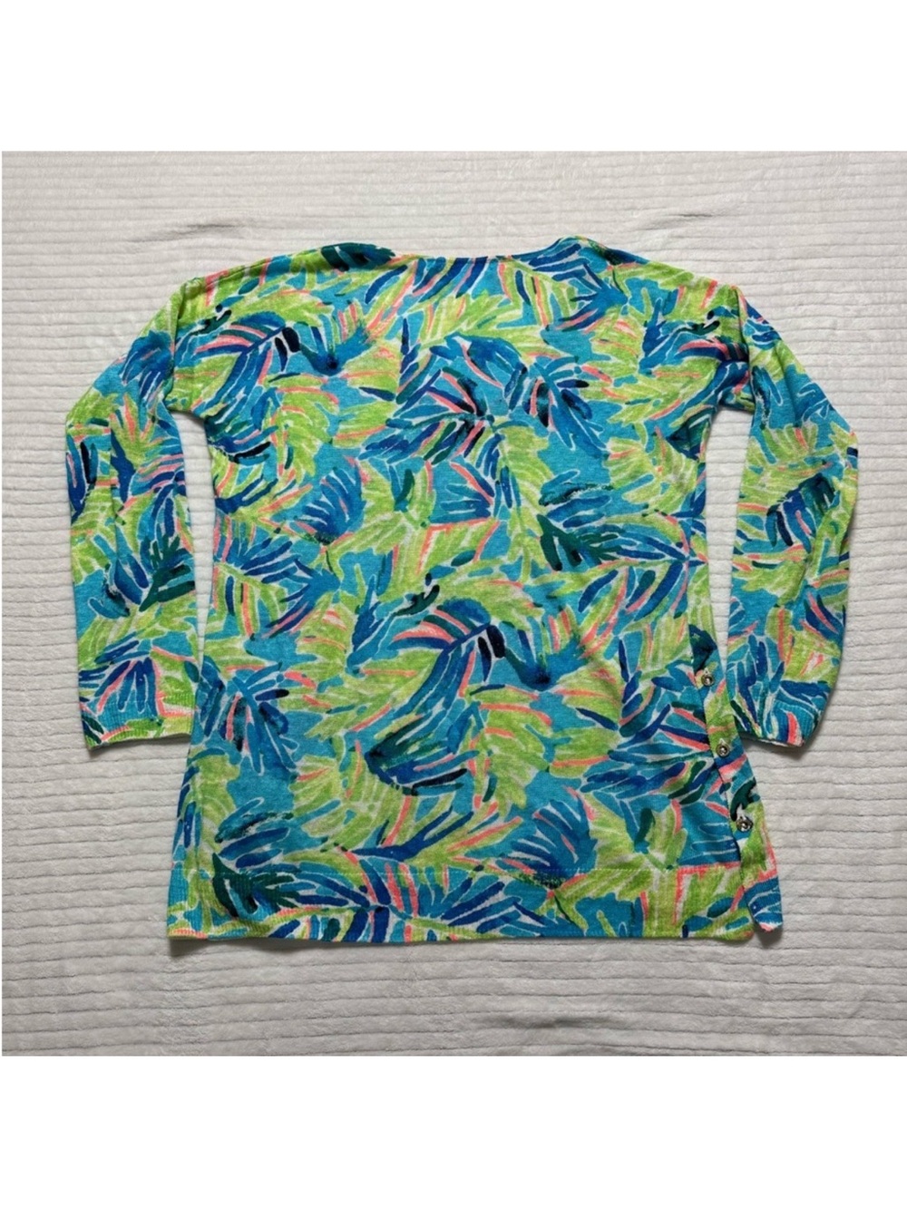 Lilly Pulitzer Blue Green Pink Tropical Leaf V-Neck Long Sleeve Top - Picture 11 of 11